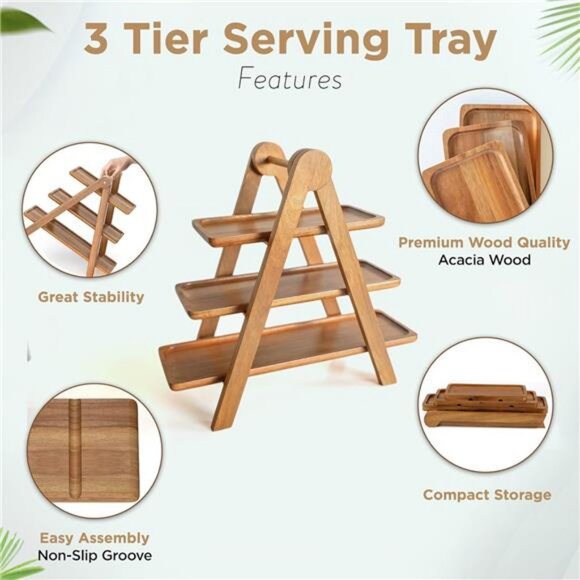 3 Tier Wooden Serving Tray, Set of 2 Tongs Free, Tiered Serving Trays & Platters - Picture 3 of 8